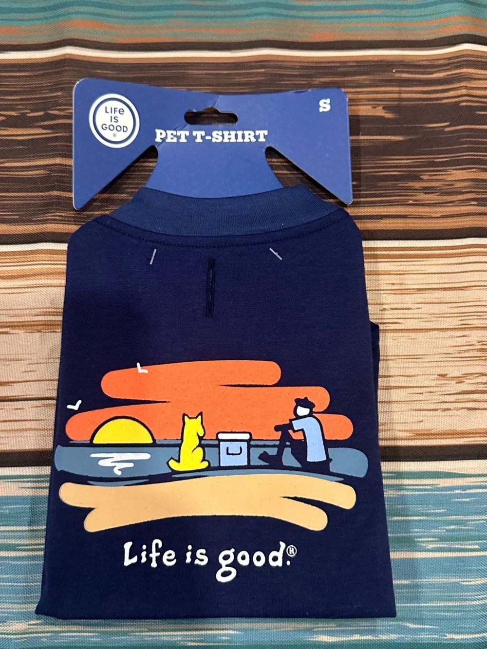 Life Is Good Small Navy Pet T-Shirt with Sunset Fishing Graphic